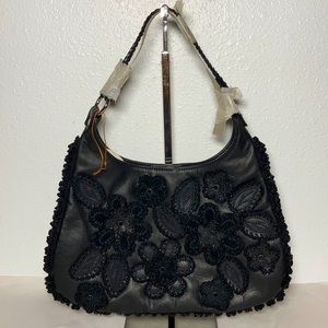 Isabella Fiore Black Flower Beaded Shoulder Bag